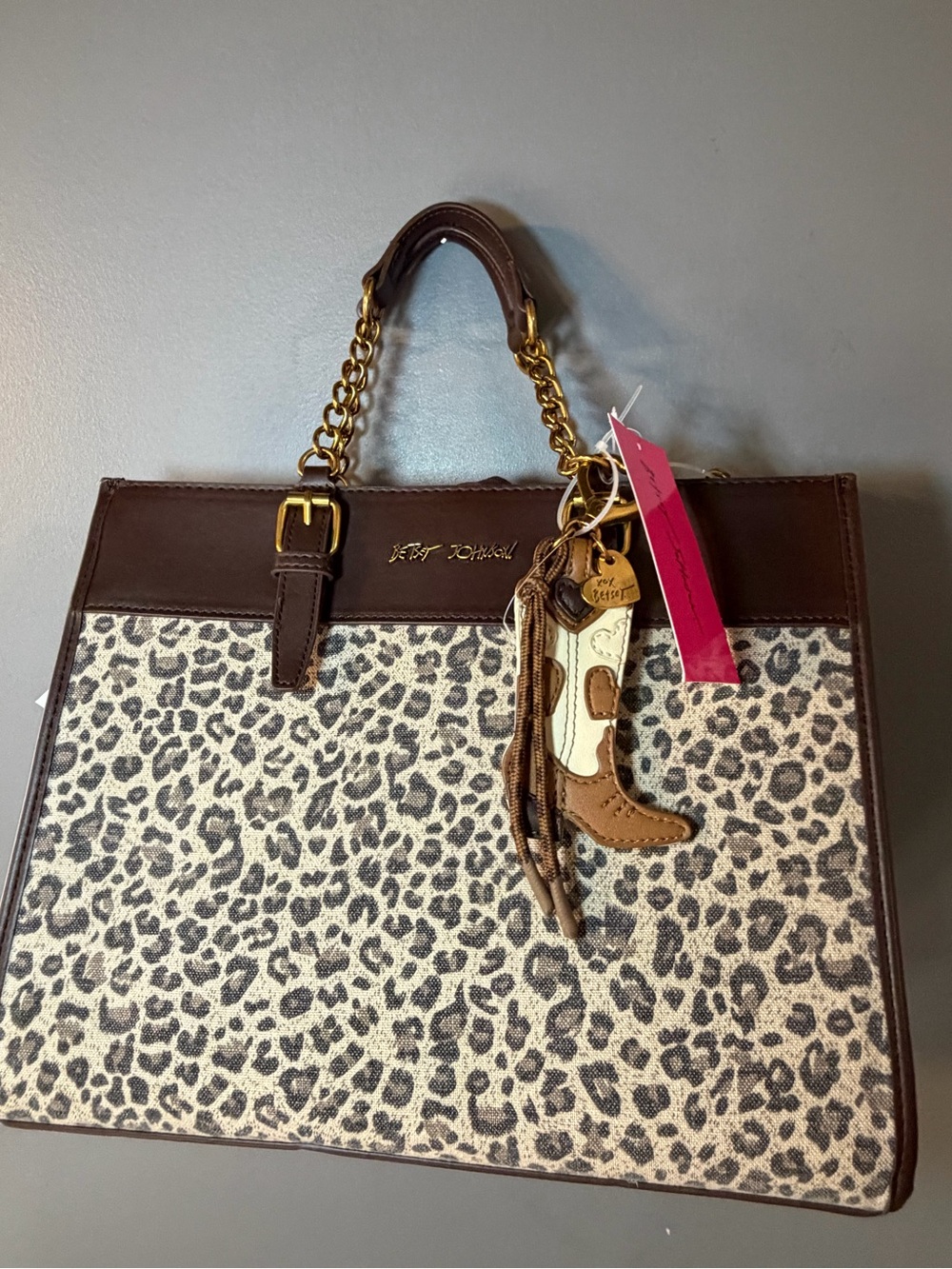 Betsey Johnson Brown & Leopard Print Tote with Gold Chain Handles